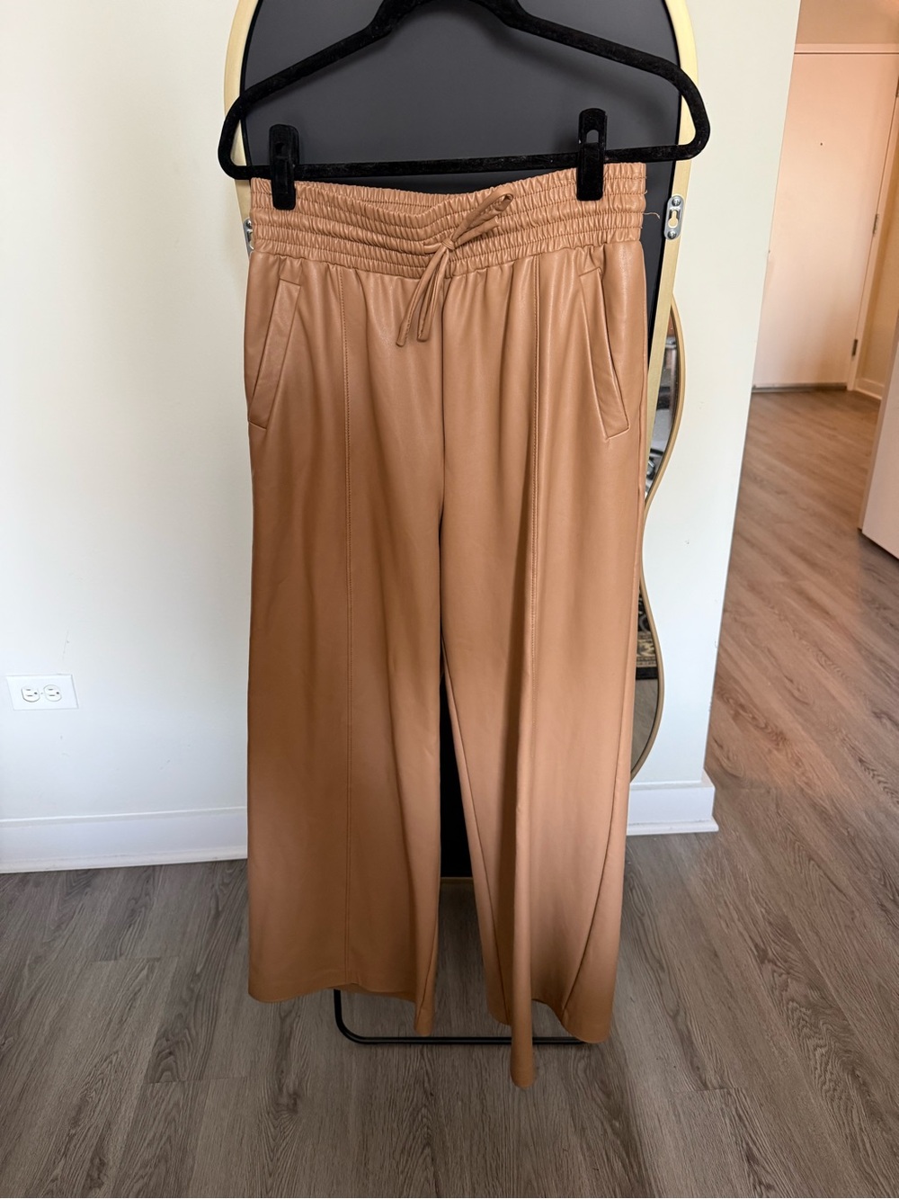 Wide-Leg Faux Leather Drawstring Pants in Camel